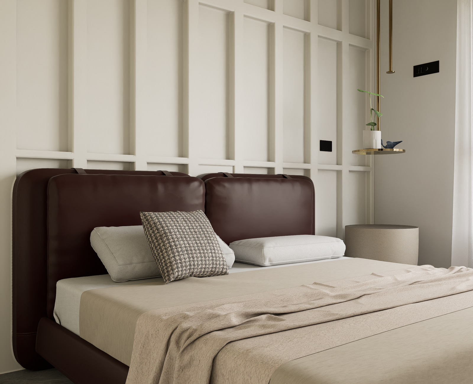 Bedroom bed closeup with maroon leather headboard and houndstooth cushion